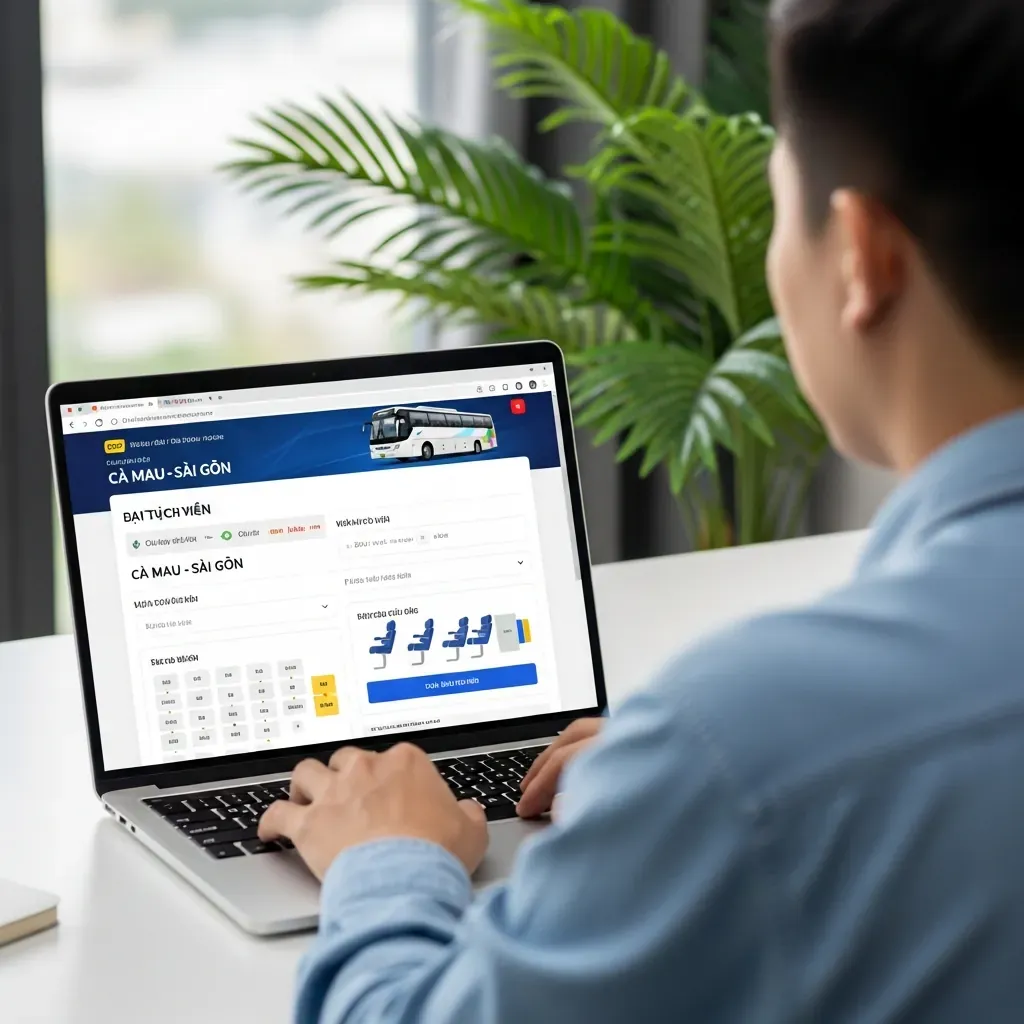 Giao diện website futabus.vn đang đặt vé xe Phương Trang tuyến Cà Mau – Sài Gòn trên laptop.