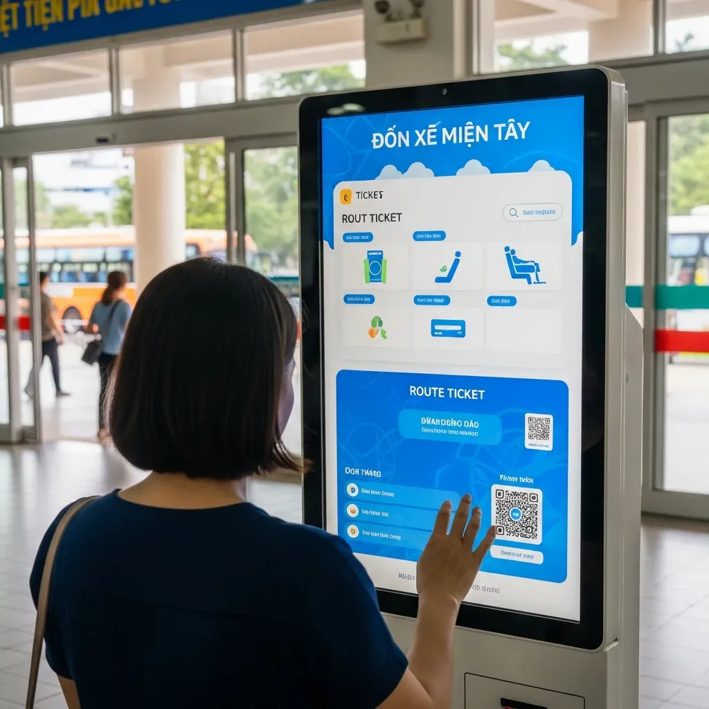 Hành khách đặt vé xe Phương Trang qua máy kiosk cảm ứng tại bến xe.