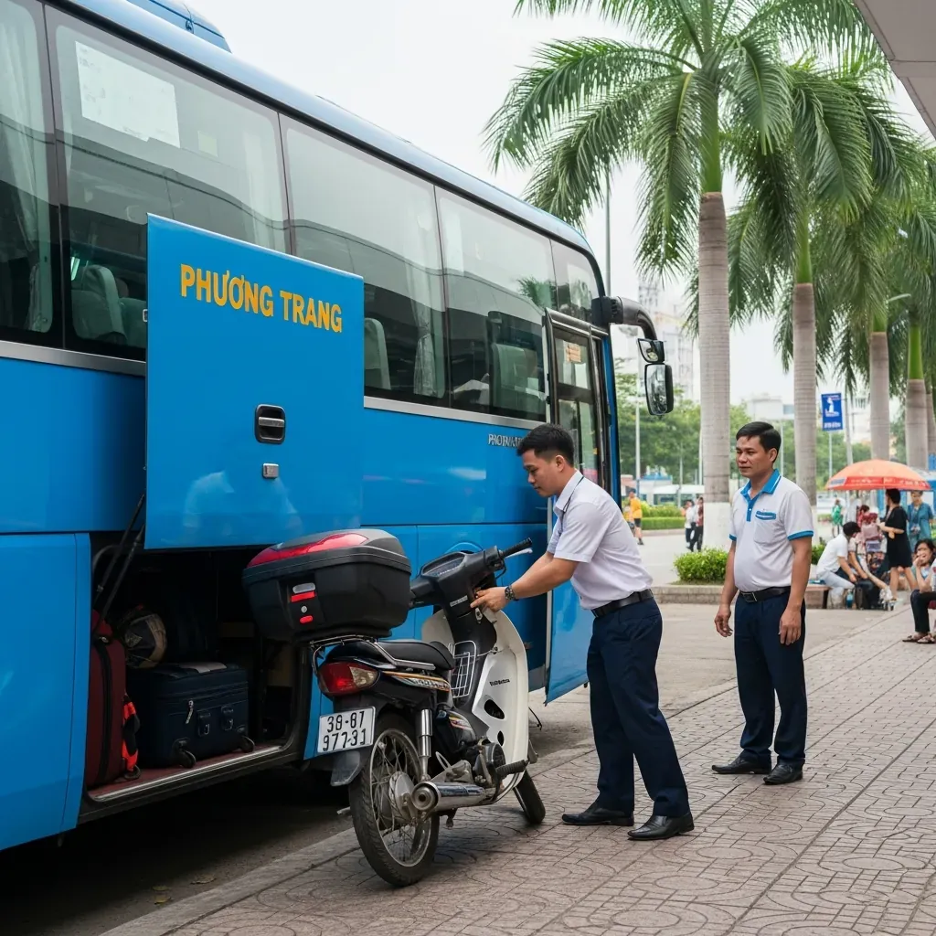 Hành khách gửi xe máy qua dịch vụ FUTA Express lên khoang hành lý xe Phương Trang.
