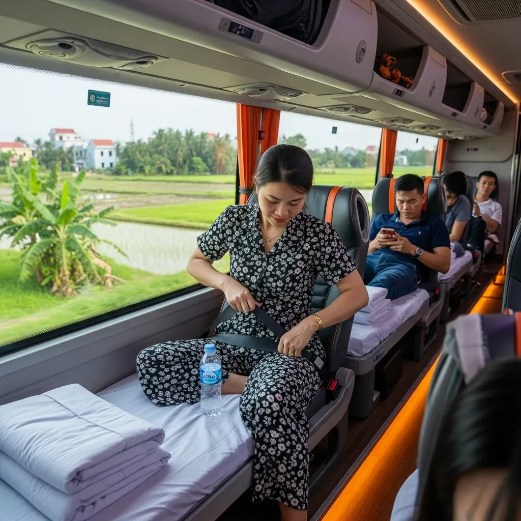 Nội thất xe giường nằm Phương Trang, hành khách kiểm tra dây an toàn trước khi khởi hành.