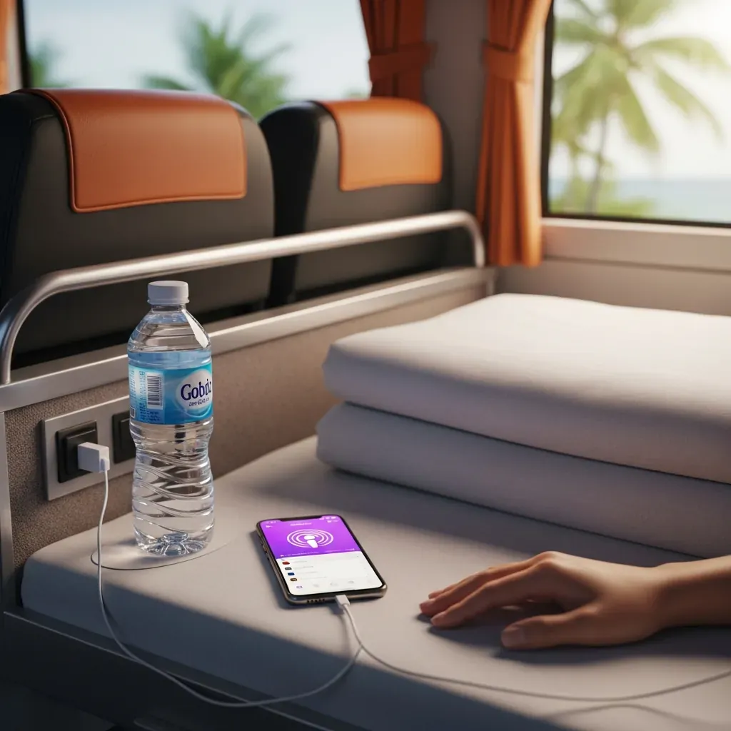 Tiện nghi trên xe Phương Trang: nước suối, cổng sạc USB và chăn mỏng sẵn sàng.