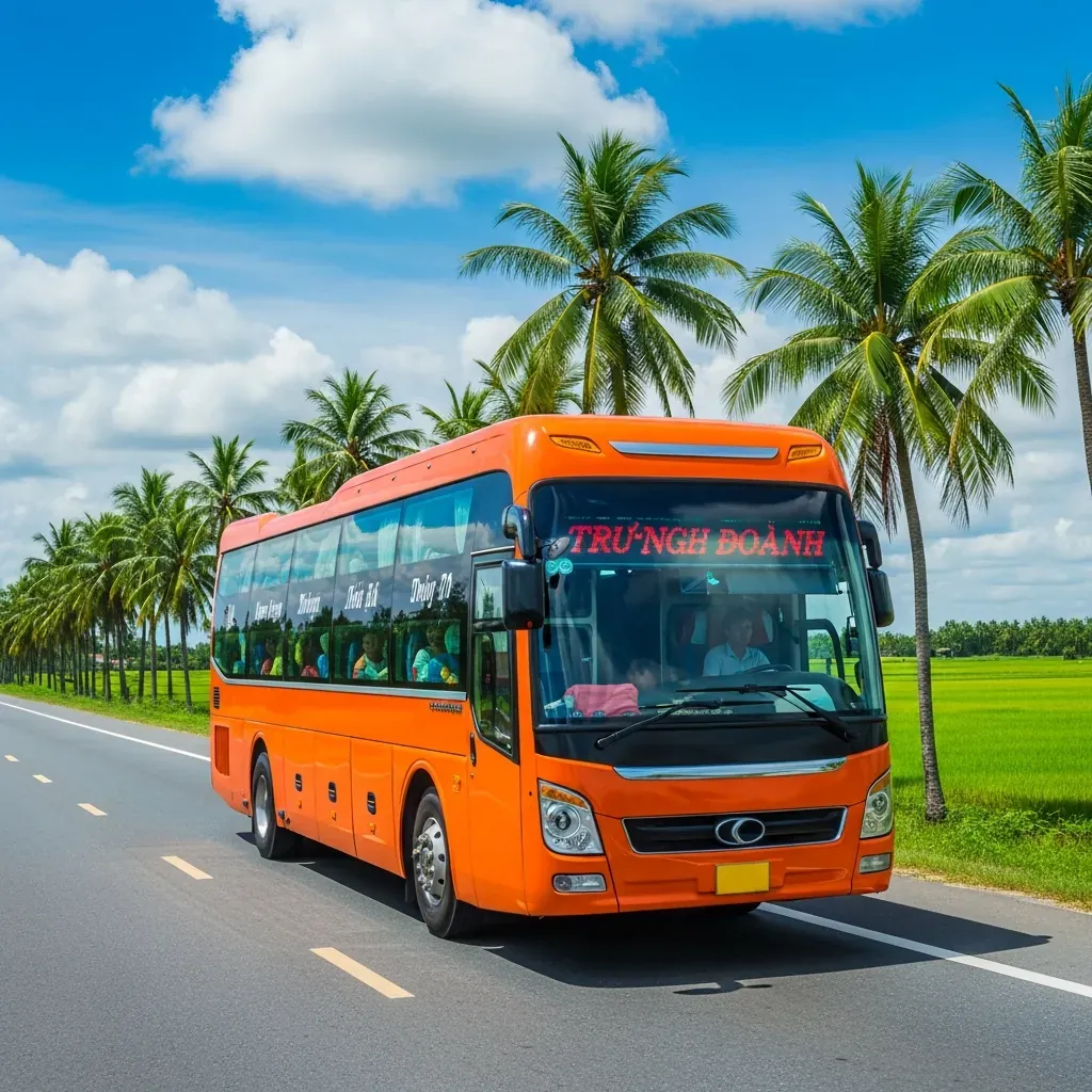 Xe giường nằm Phương Trang màu cam chạy trên cao tốc qua vùng đồng bằng sông Cửu Long xanh mướt.