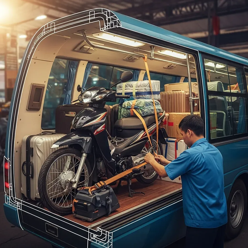 Xe máy được cố định chắc chắn trong khoang hành lý xe Phương Trang qua dịch vụ FUTA Express.