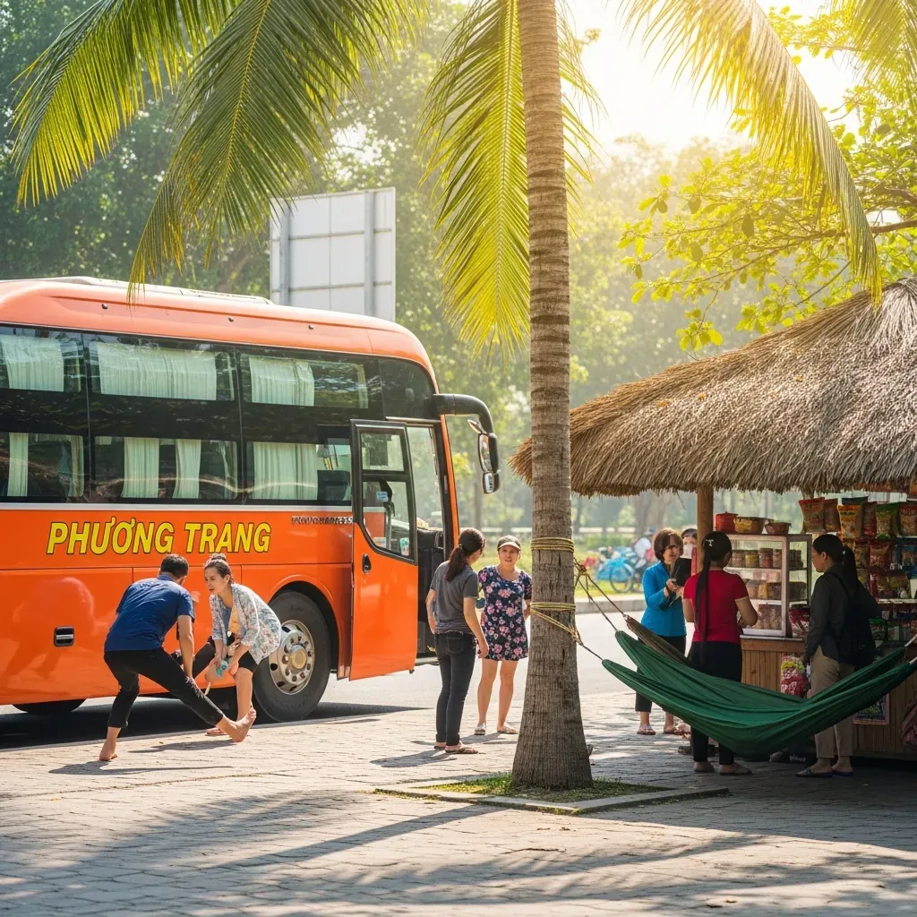 Xe Phương Trang dừng nghỉ tại trạm dừng chân ven đường, hành khách thư giãn.