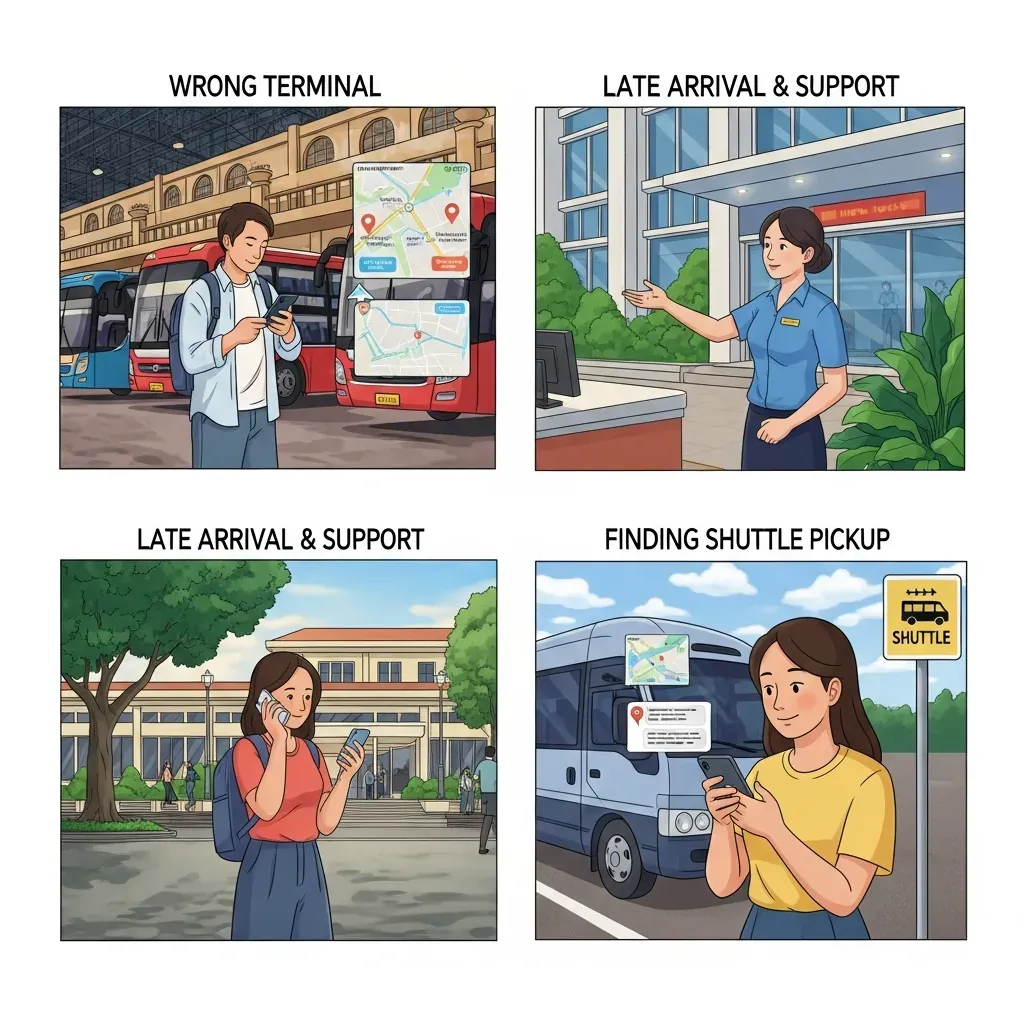 Minh họa cách xử lý khi đặt nhầm bến, lỡ giờ hoặc không thấy điểm trung chuyển.