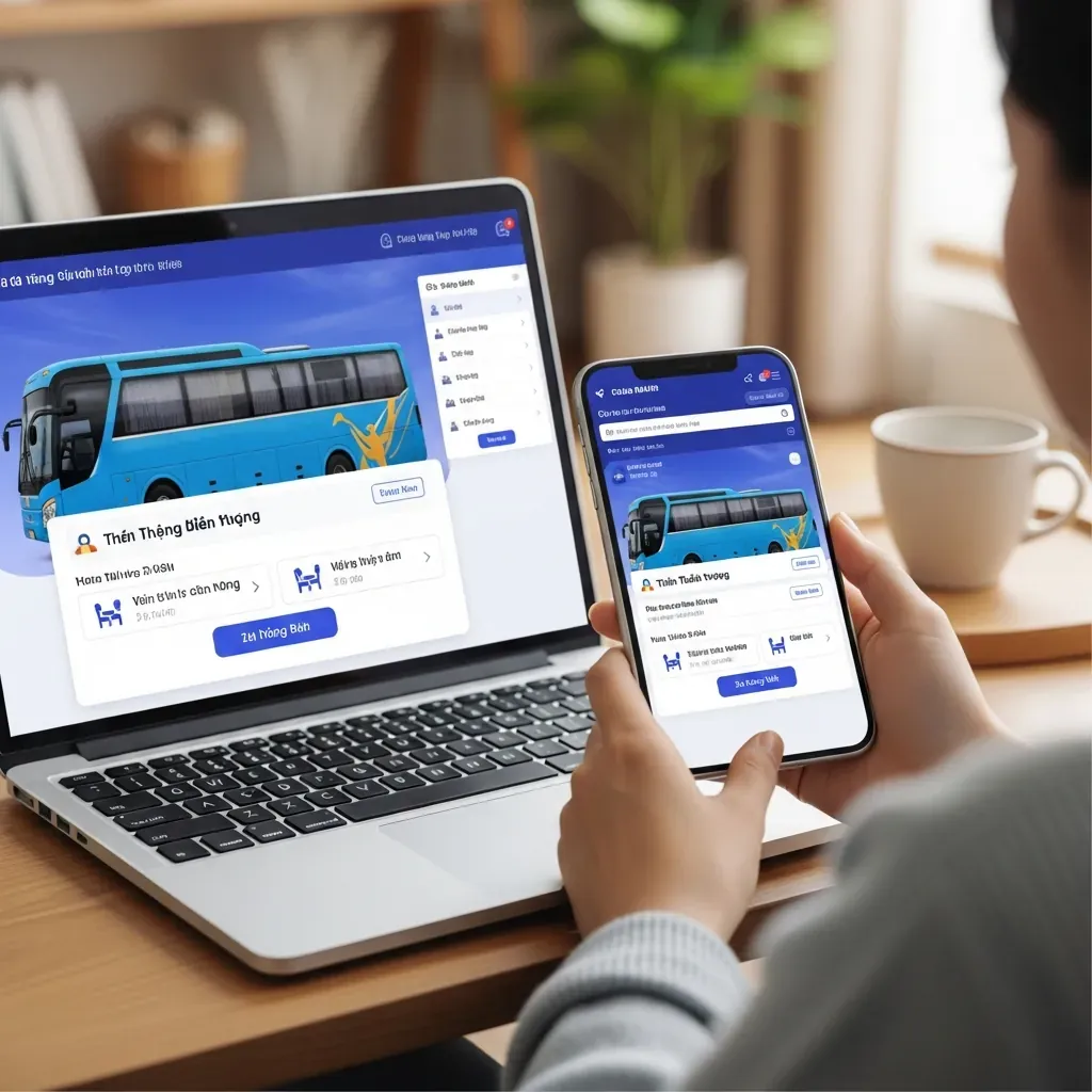 Người dùng đặt vé xe qua ứng dụng và website chính thức trên điện thoại và laptop.