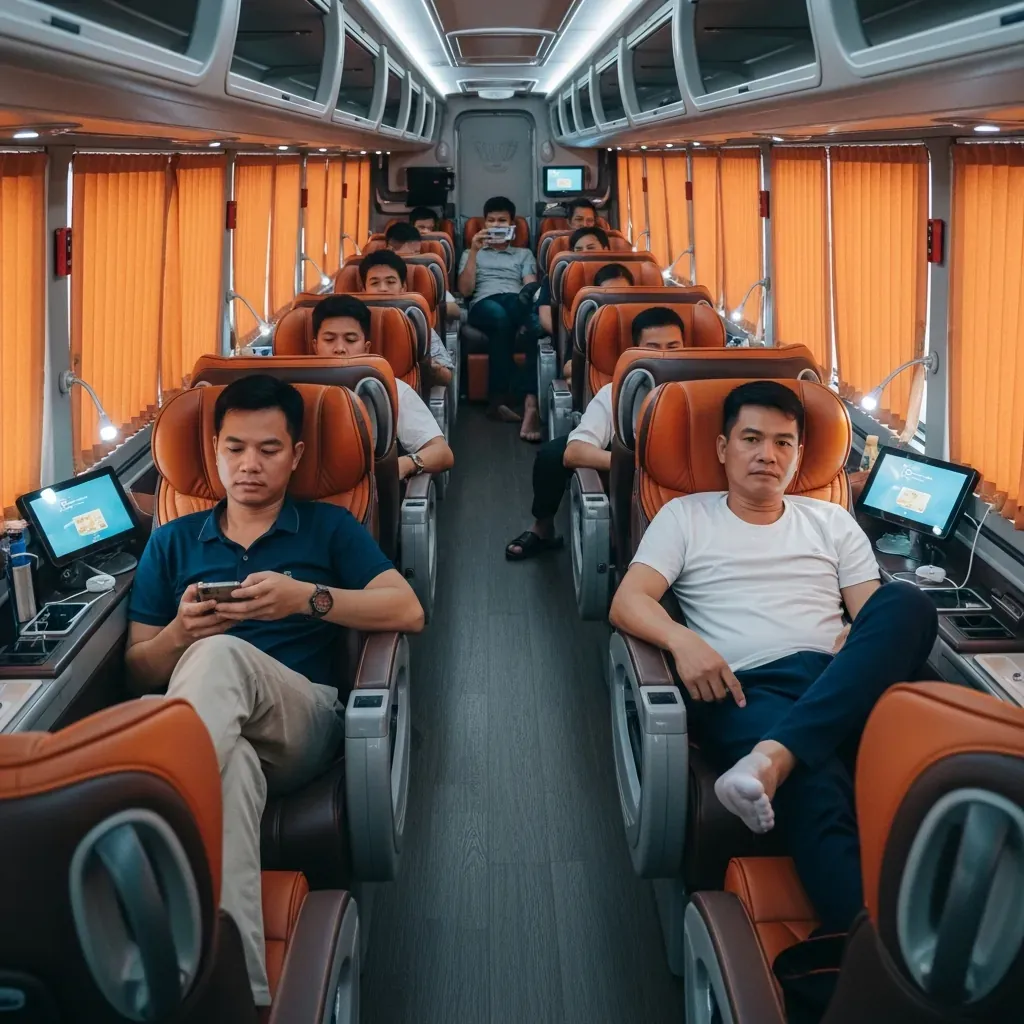 Bên trong xe giường nằm Limousine 34 chỗ của Phương Trang tuyến Bến Tre, hành khách đang thư giãn trên ghế bọc da màu cam.