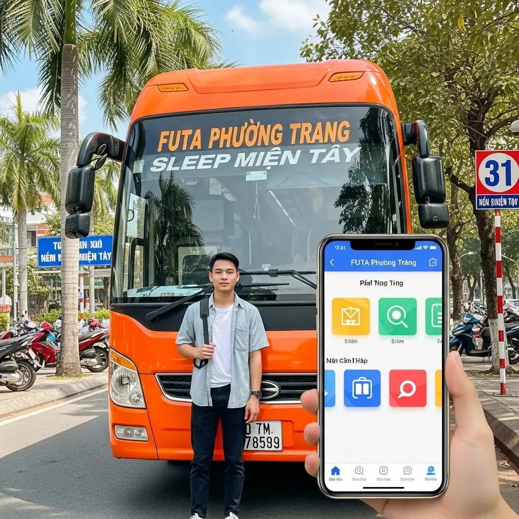 Hành khách người Việt đang kiểm tra ứng dụng đặt vé xe Phương Trang trước một chiếc xe buýt màu cam tại Bến xe Miền Tây.