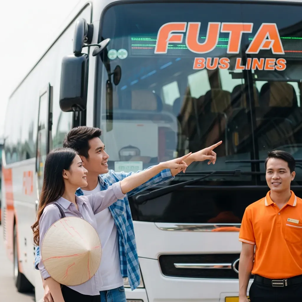 Hành khách Việt xác minh logo FUTA trên thân xe để tránh nhầm thương hiệu.