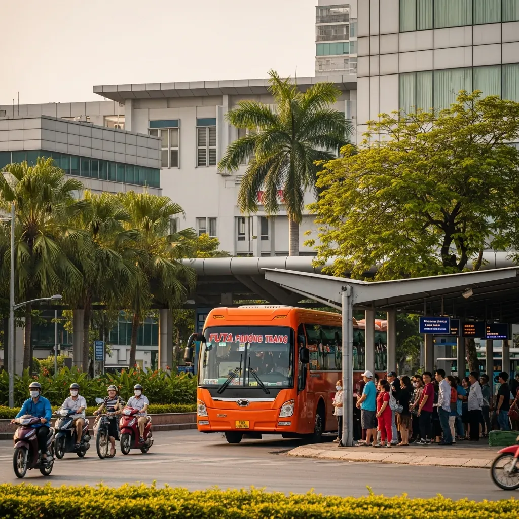 Khung cảnh Bến xe Miền Tây với xe Phương Trang màu cam đậu gần quầy số 31, hành khách chờ đón.