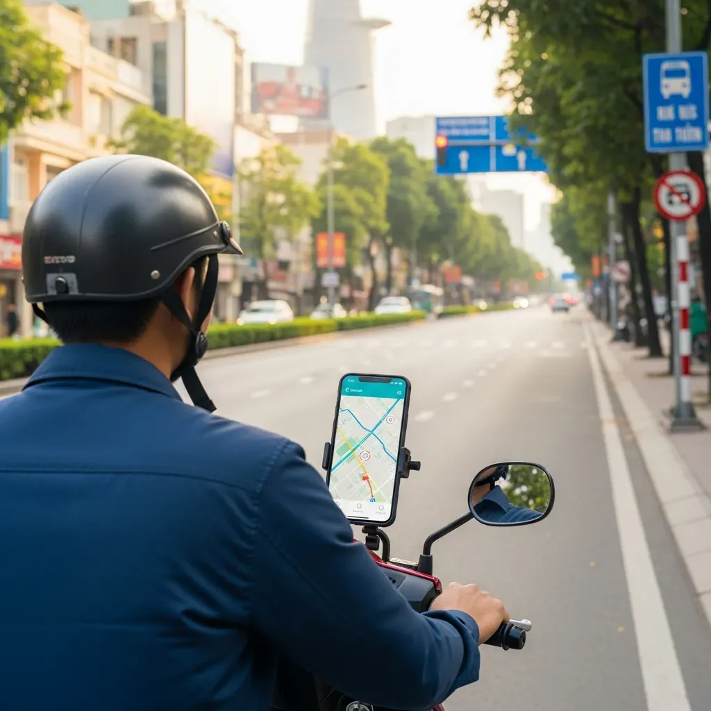 Người đàn ông Việt chạy xe máy theo chỉ dẫn GPS đến Bến xe Miền Tây.