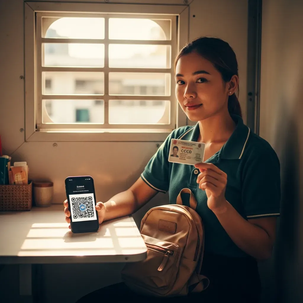 Người phụ nữ Việt Nam chuẩn bị giấy tờ và mã QR vé điện tử trước chuyến đi.