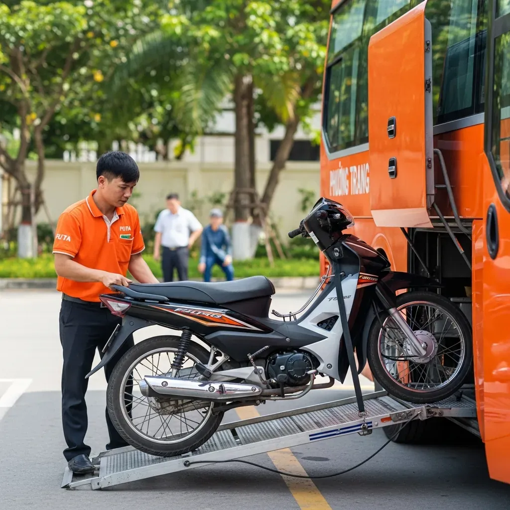 Nhân viên FUTA đang đẩy xe máy vào khoang hành lý xe khách Phương Trang.