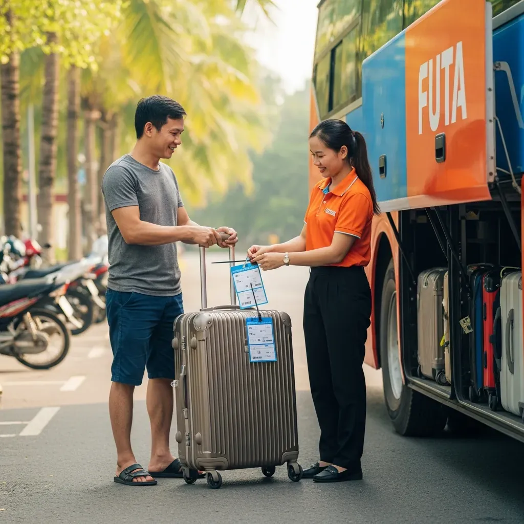 Nhân viên Phương Trang nhận hành lý từ hành khách và dán nhãn tên.