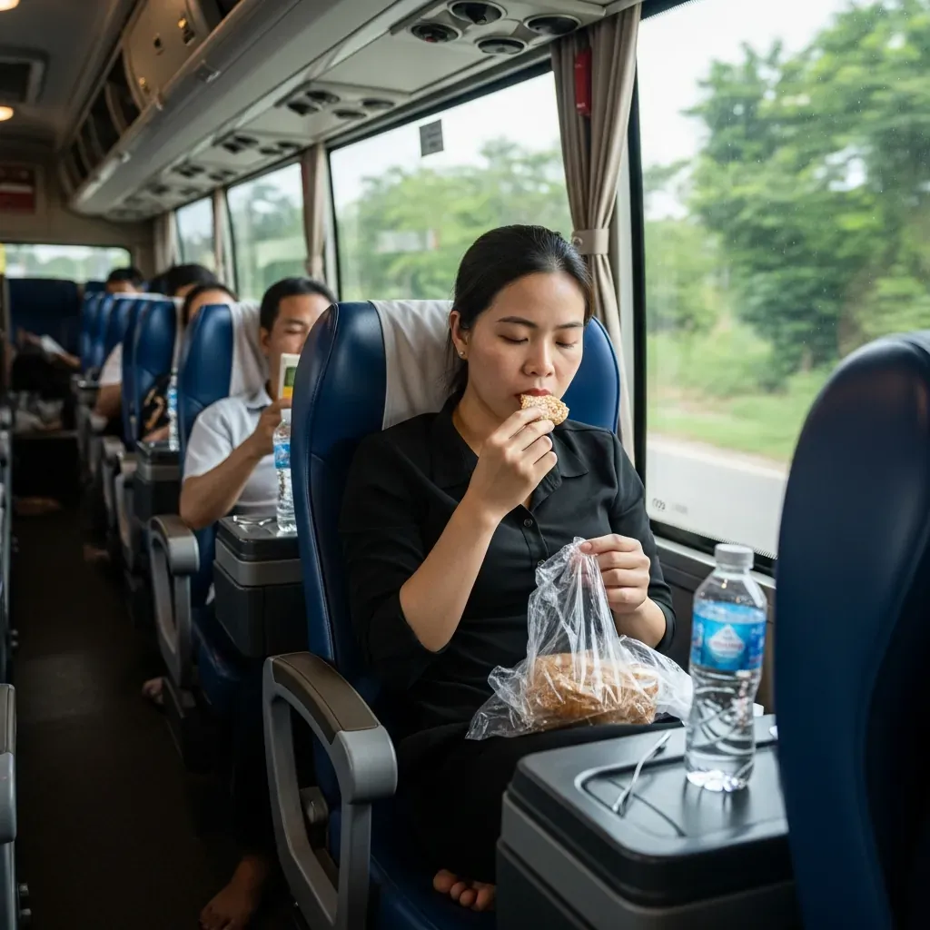 Hành khách ăn nhẹ trên xe Phương Trang.