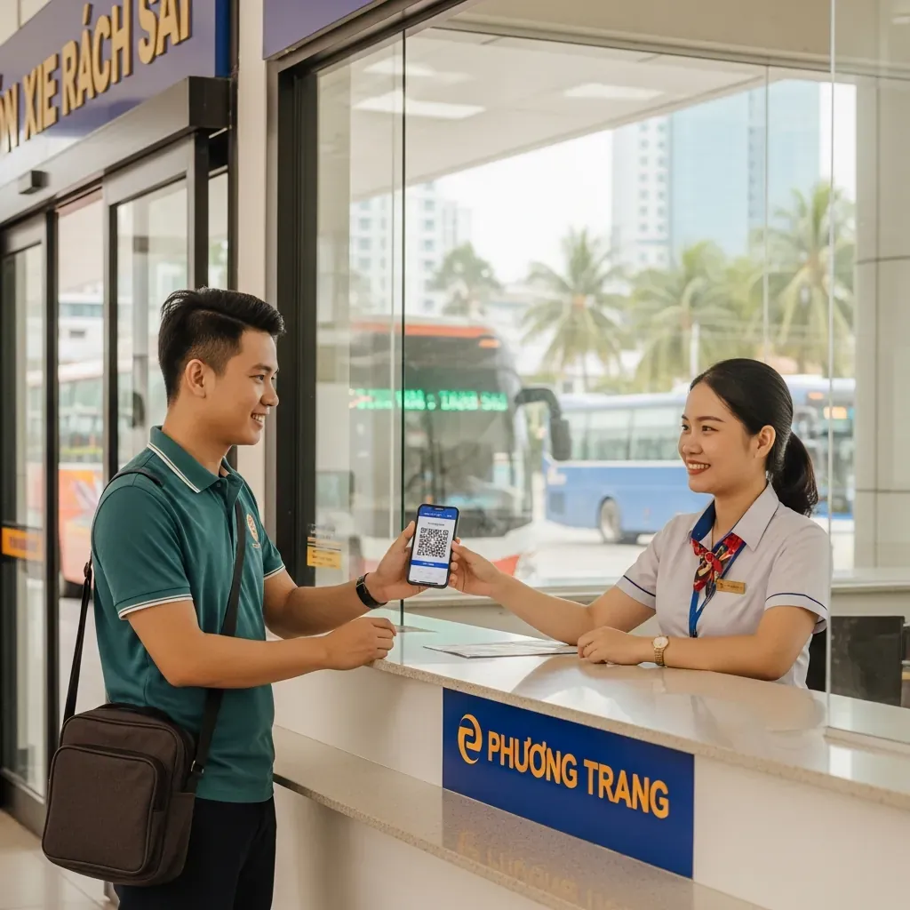 Hành khách làm thủ tục tại quầy Phương Trang.