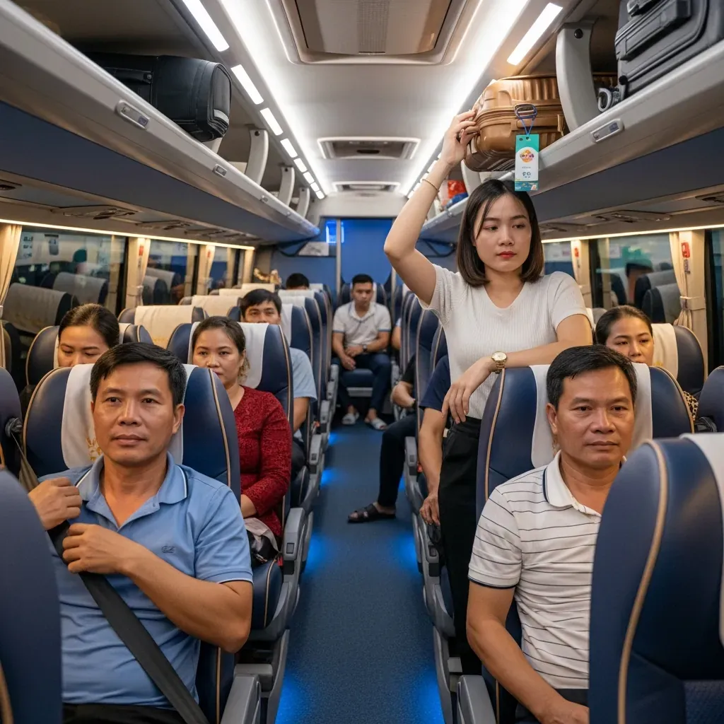 Bên trong xe giường nằm Phương Trang, hành khách Việt Nam đang thắt dây an toàn và sắp xếp hành lý an toàn.