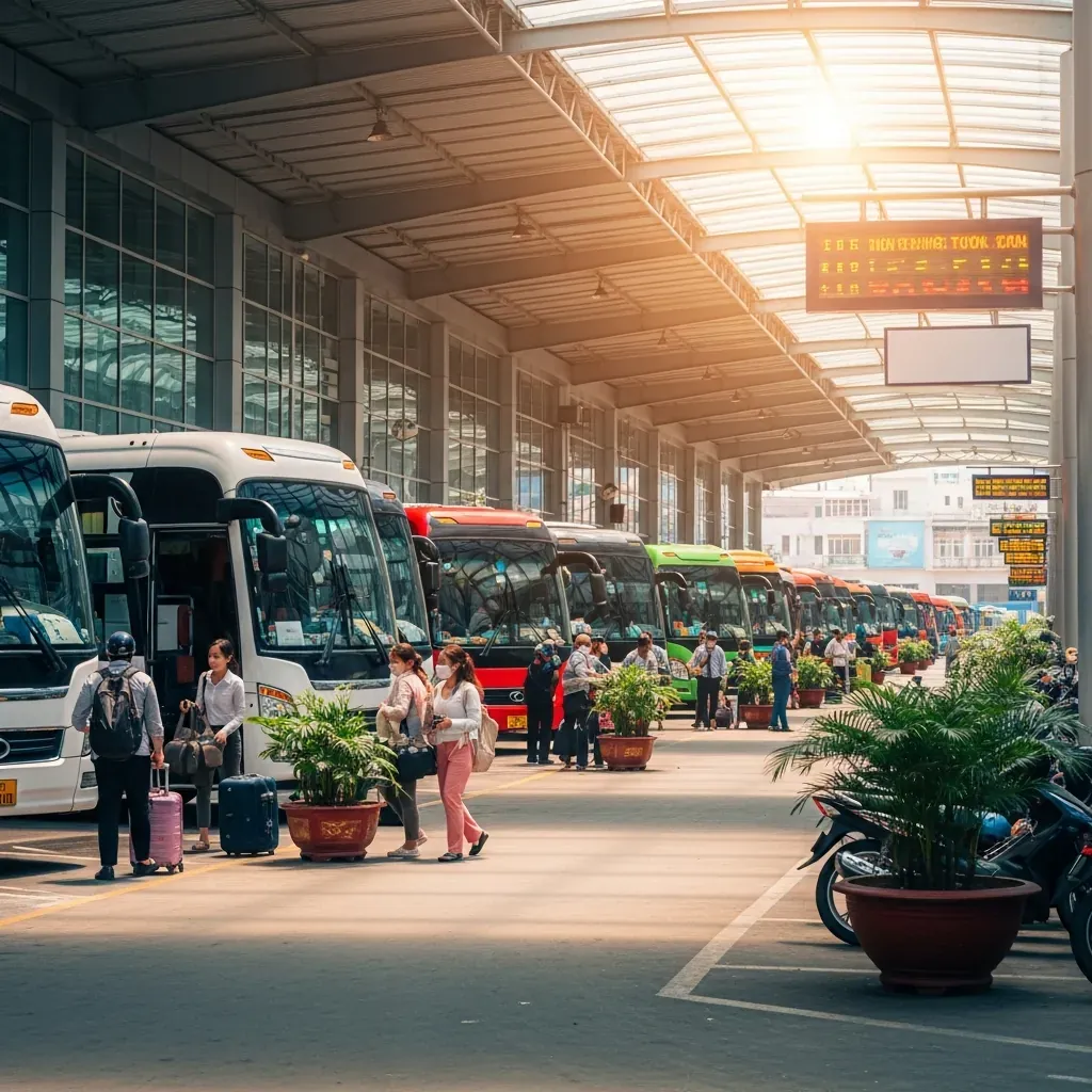 Bến xe khách hiện đại tại Việt Nam với nhiều xe giường nằm, hành khách đang lên xe, không có chữ viết trên các bảng hiệu.