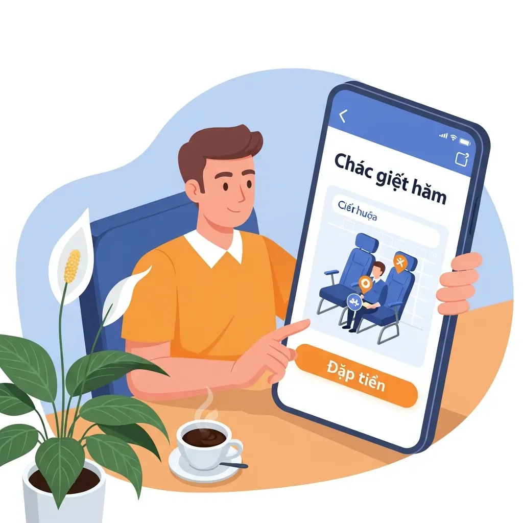 Minh họa từng bước đặt vé Phương Trang, người đàn ông Việt Nam đang chọn ghế trên ứng dụng FUTA, xung quanh là các bước thực hiện.