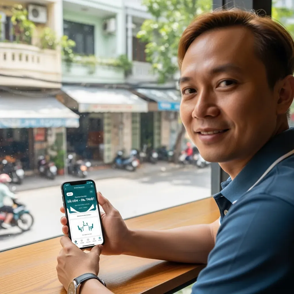 Người đàn ông Việt Nam đang đặt vé xe Phương Trang trên ứng dụng FUTA, màn hình hiển thị tuyến Sài Gòn - Buôn Ma Thuột và sơ đồ ghế.