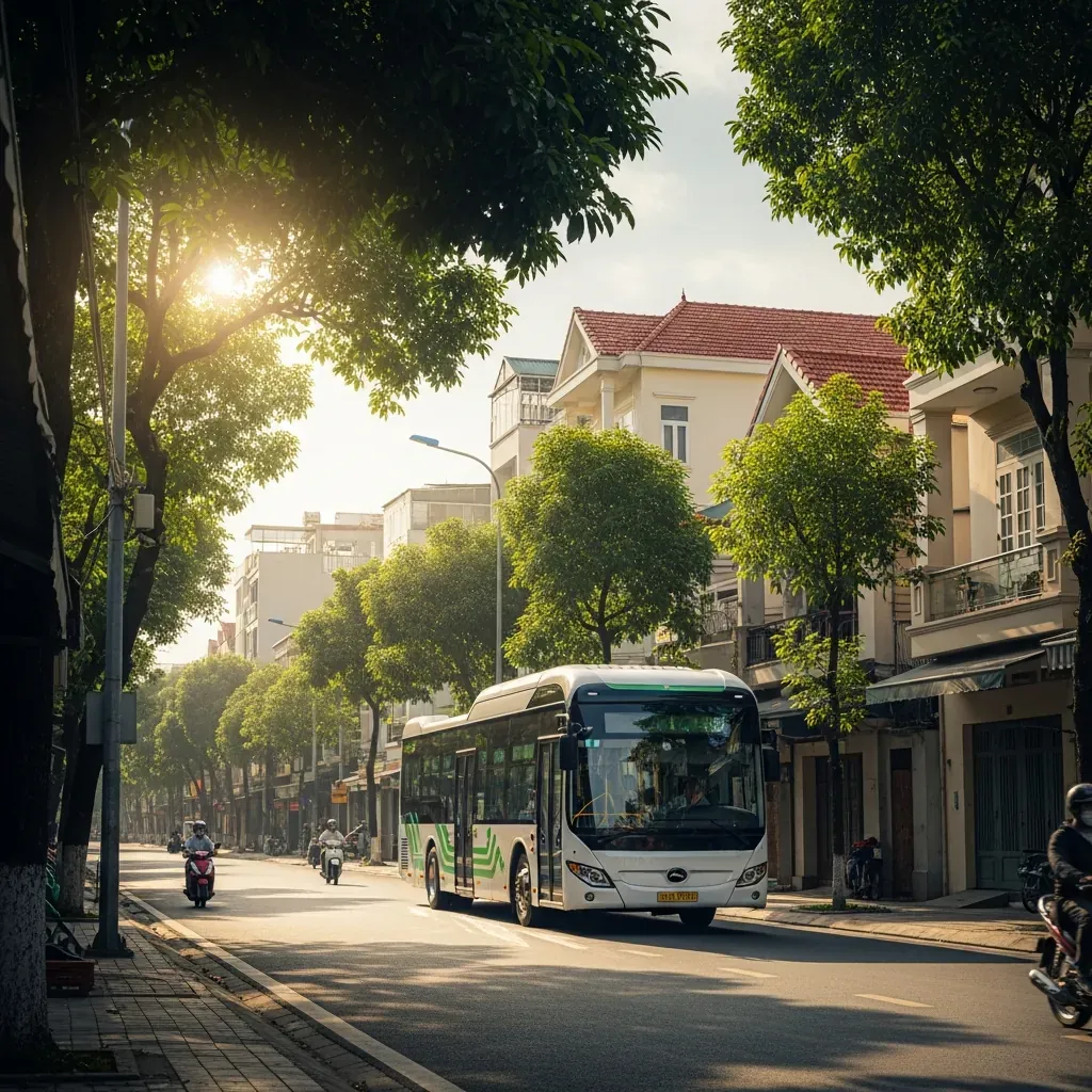 Xe buýt điện hiện đại chạy trên đường phố Việt Nam giữa hàng cây xanh, biểu tượng xu hướng giao thông bền vững.