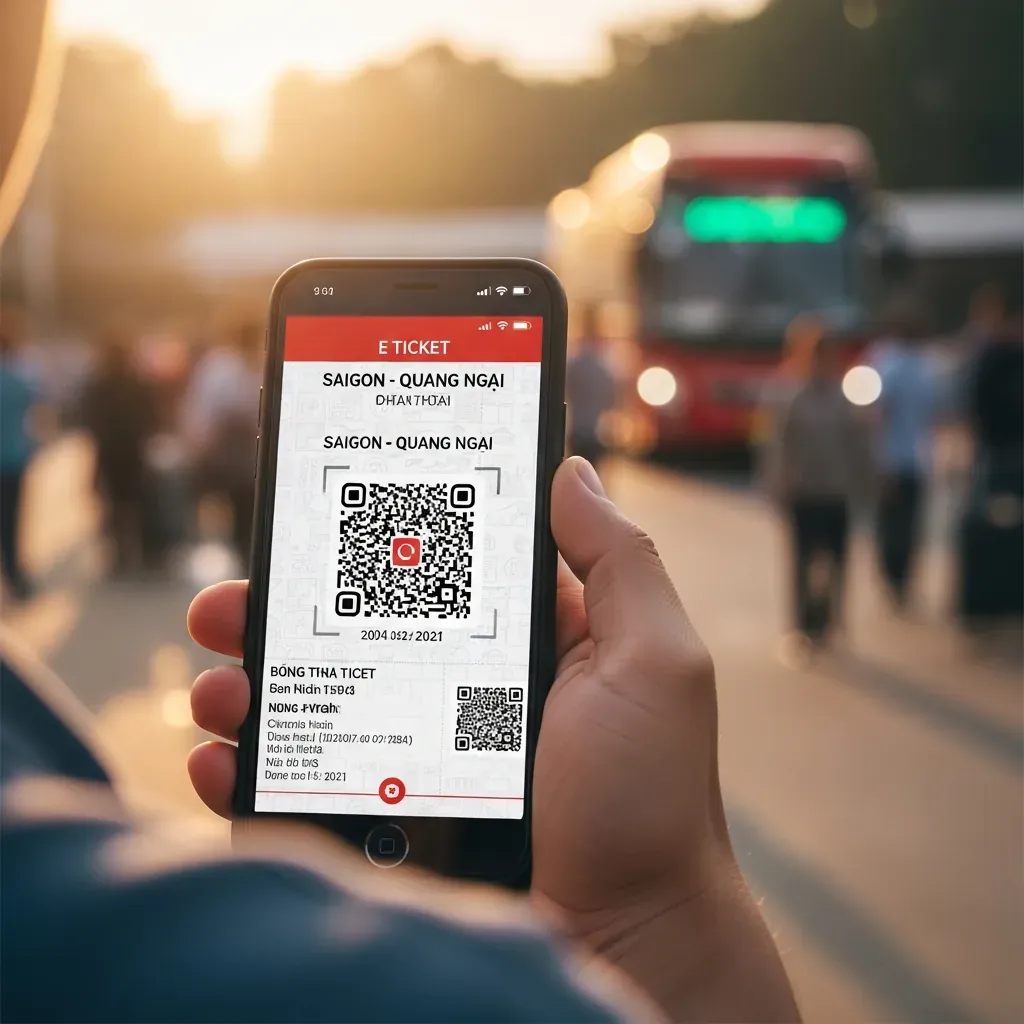 Bàn tay hành khách cầm điện thoại hiển thị vé xe điện tử FUTA với mã QR, phía sau mờ là cảnh bến xe tấp nập.
