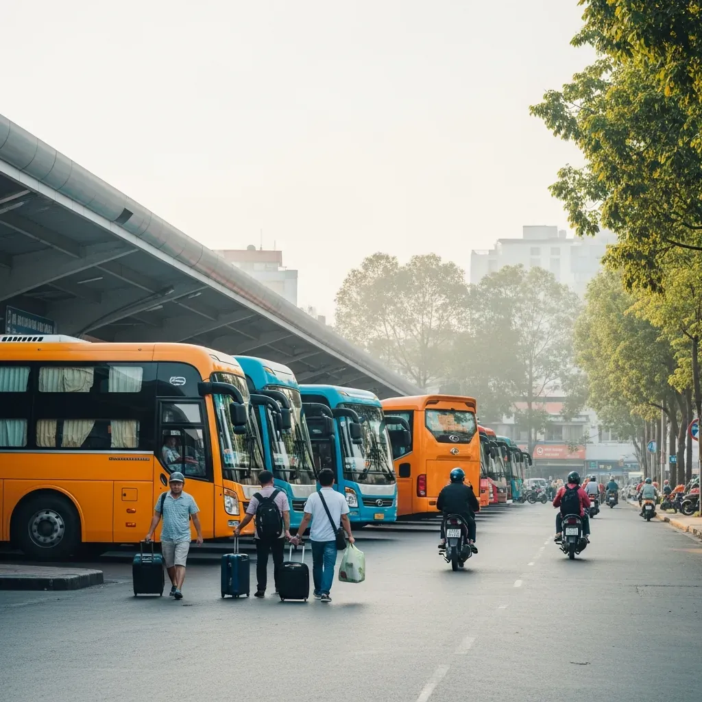 Bến xe buýt đông đúc với nhiều xe khách không nhãn hiệu đang đỗ, hành khách Việt Nam kéo vali trong không khí nhộn nhịp.