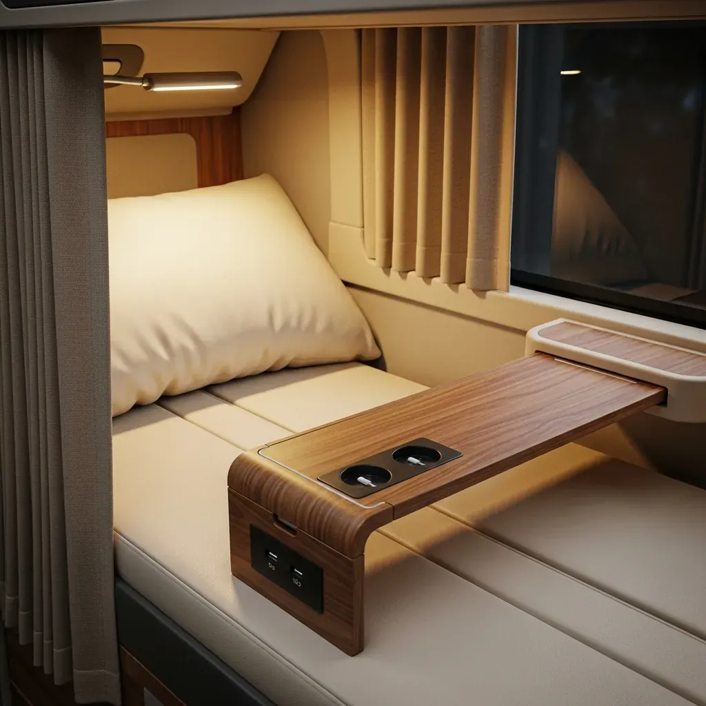 Cận cảnh cabin Limousine sang trọng với giường da, đèn đọc sách và cổng sạc tích hợp, rèm che bao quanh.