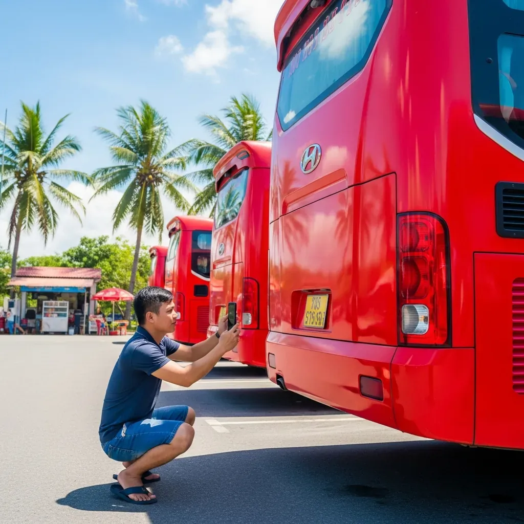 Hành khách nam đang chụp ảnh biển số xe buýt tại điểm dừng ven đường, phía sau là hàng cây nhiệt đới và quán ăn nhỏ.