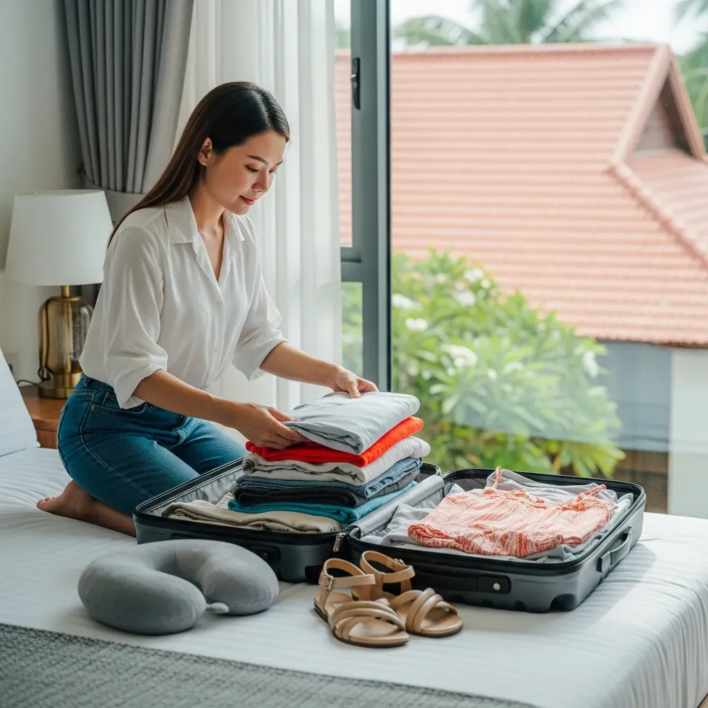 Người phụ nữ Việt đang sắp xếp quần áo gọn gàng vào vali trên giường, khung cảnh phòng ngủ sáng sủa với cây xanh ngoài cửa sổ.