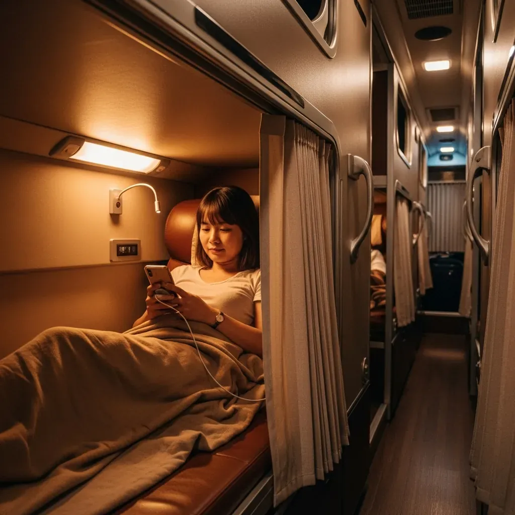 Người phụ nữ Việt nằm thư giãn trong cabin Limousine riêng tư có rèm che kín, ánh đèn đọc sách ấm áp.