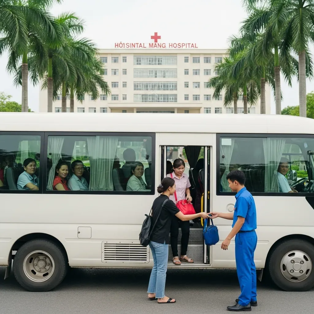 Xe trung chuyển miễn phí đỗ trước cổng bệnh viện lớn, tài xế đang hỗ trợ hành khách bước xuống.