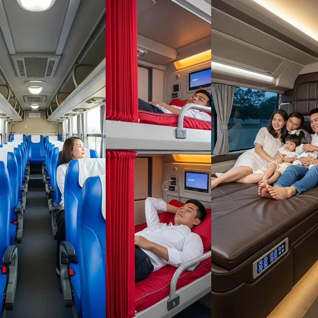 Ba loại xe khách Phương Trang: ghế ngồi thường, phòng VIP, Limousine.