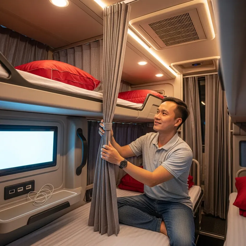 Hành khách nam Việt Nam đang ổn định chỗ ngồi trong cabin riêng xe Phương Trang.