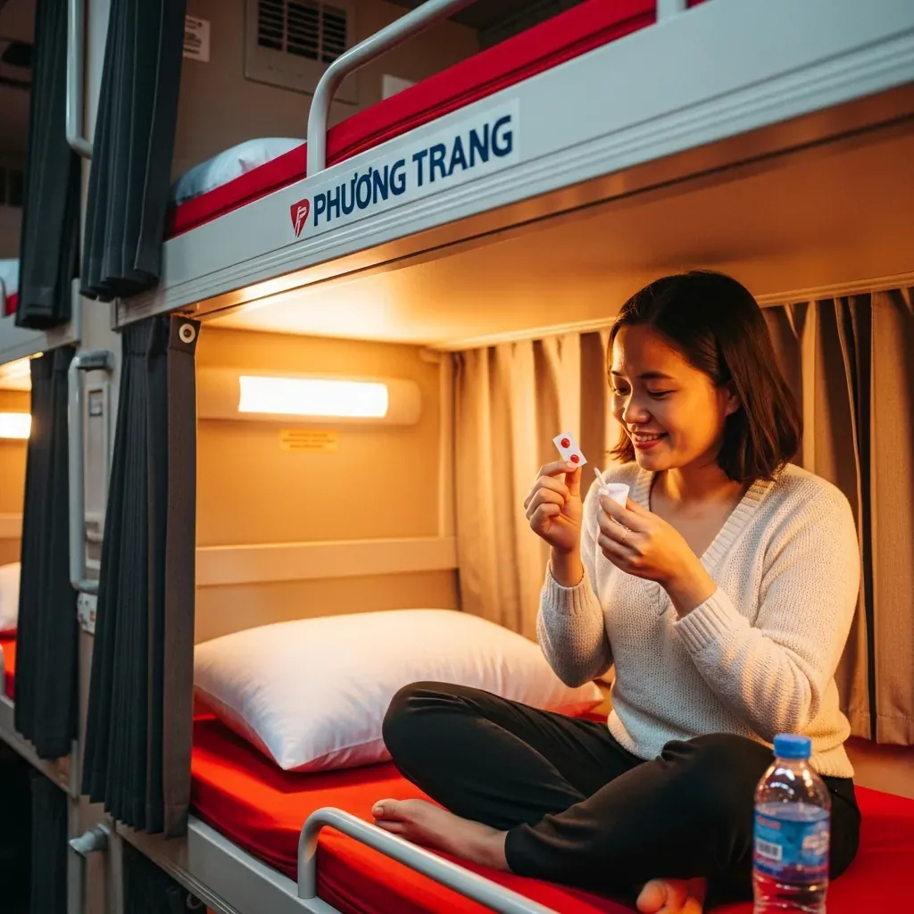 Người phụ nữ uống thuốc chống say trên giường tầng dưới xe Phương Trang.