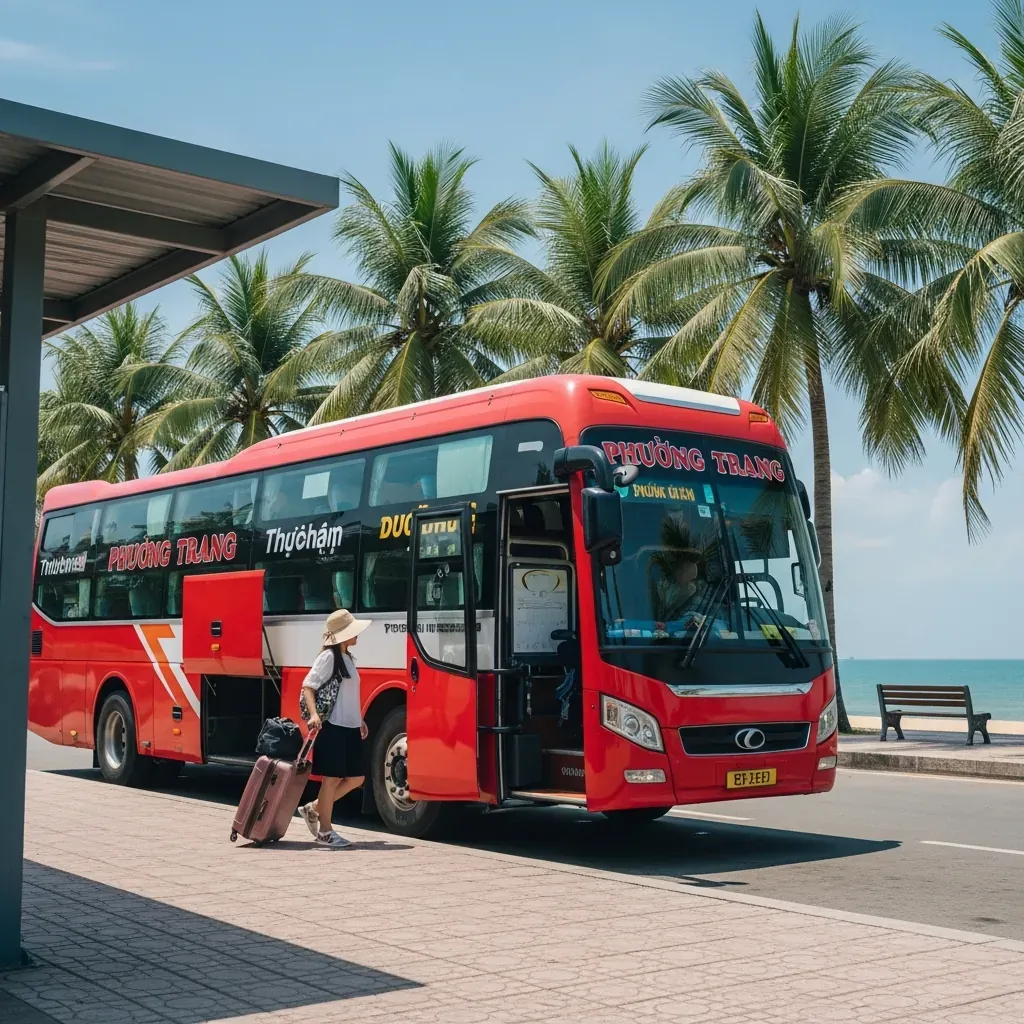Xe Phương Trang dừng tại điểm trả khách gần biển Phan Thiết.