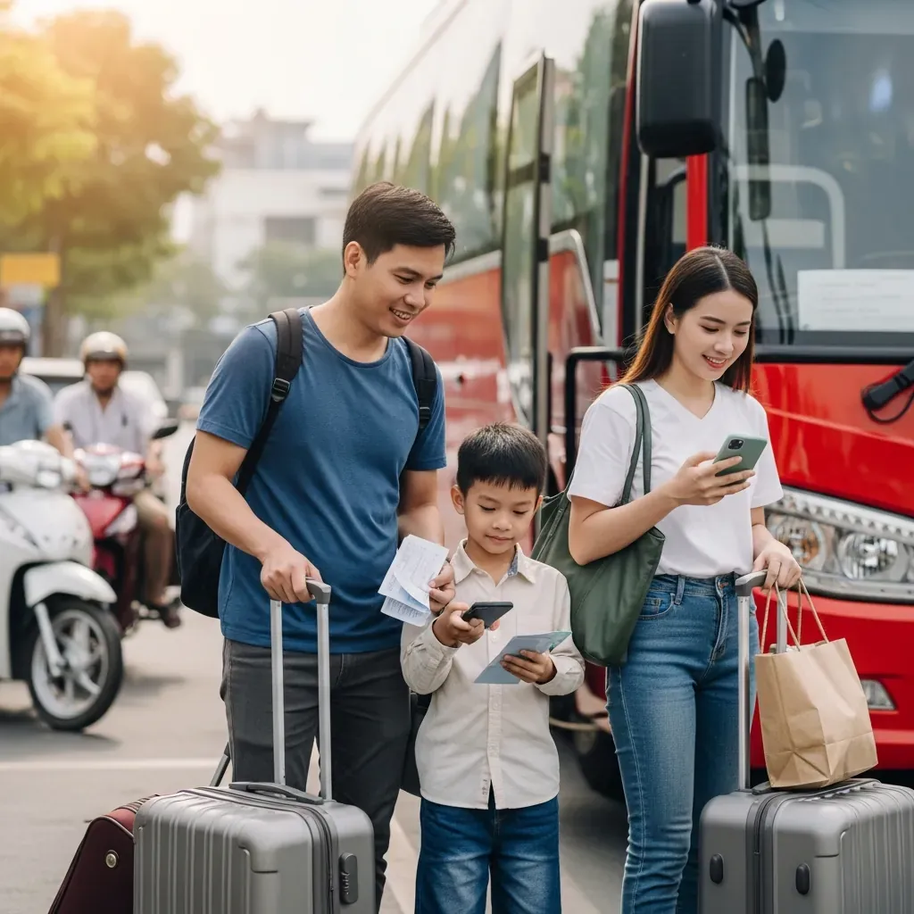 Gia đình Việt đến điểm đón sớm, cầm sẵn điện thoại và giấy tờ trước khi lên xe.