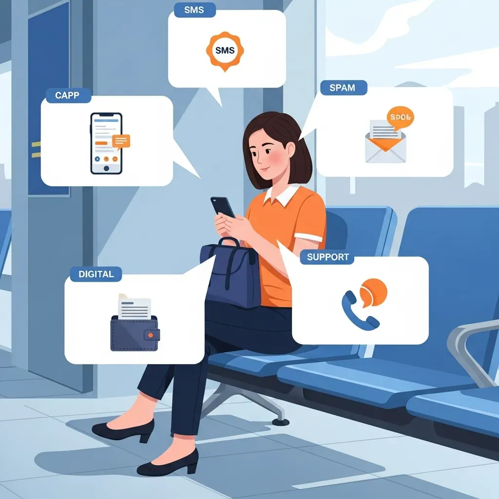 Hành khách kiểm tra ứng dụng, tin nhắn, email và ví điện tử khi chưa thấy vé sau thanh toán.