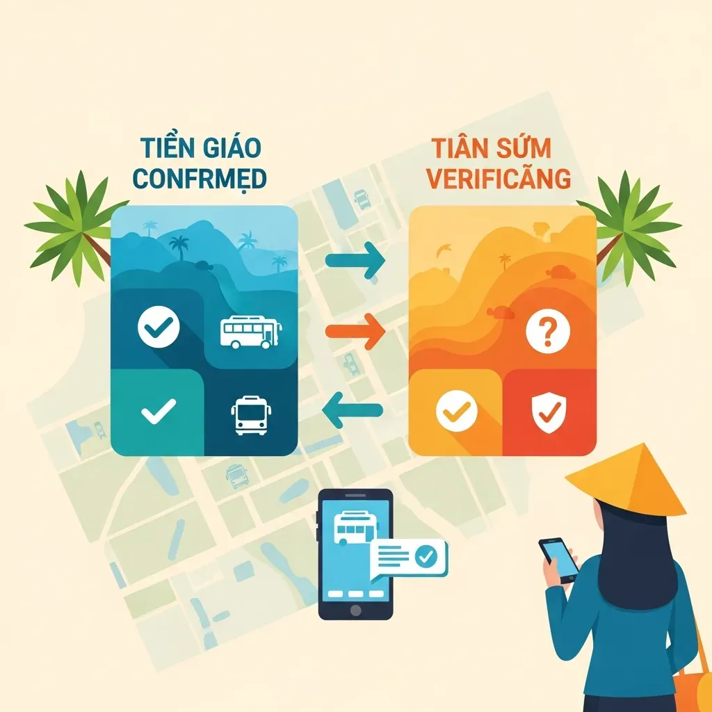 Minh họa dạng infographic phân biệt thông tin đã chắc và thông tin còn cần xác minh khi đặt vé xe đi Trà Vinh.