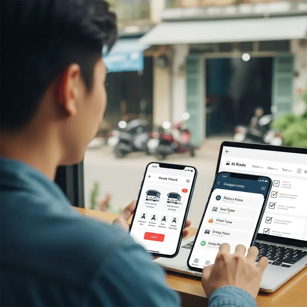 Người trẻ Việt Nam kiểm tra nhanh tuyến xe Sài Gòn đi Trà Vinh trên điện thoại và laptop với các biểu tượng về giá, loại xe và điểm đón trả.