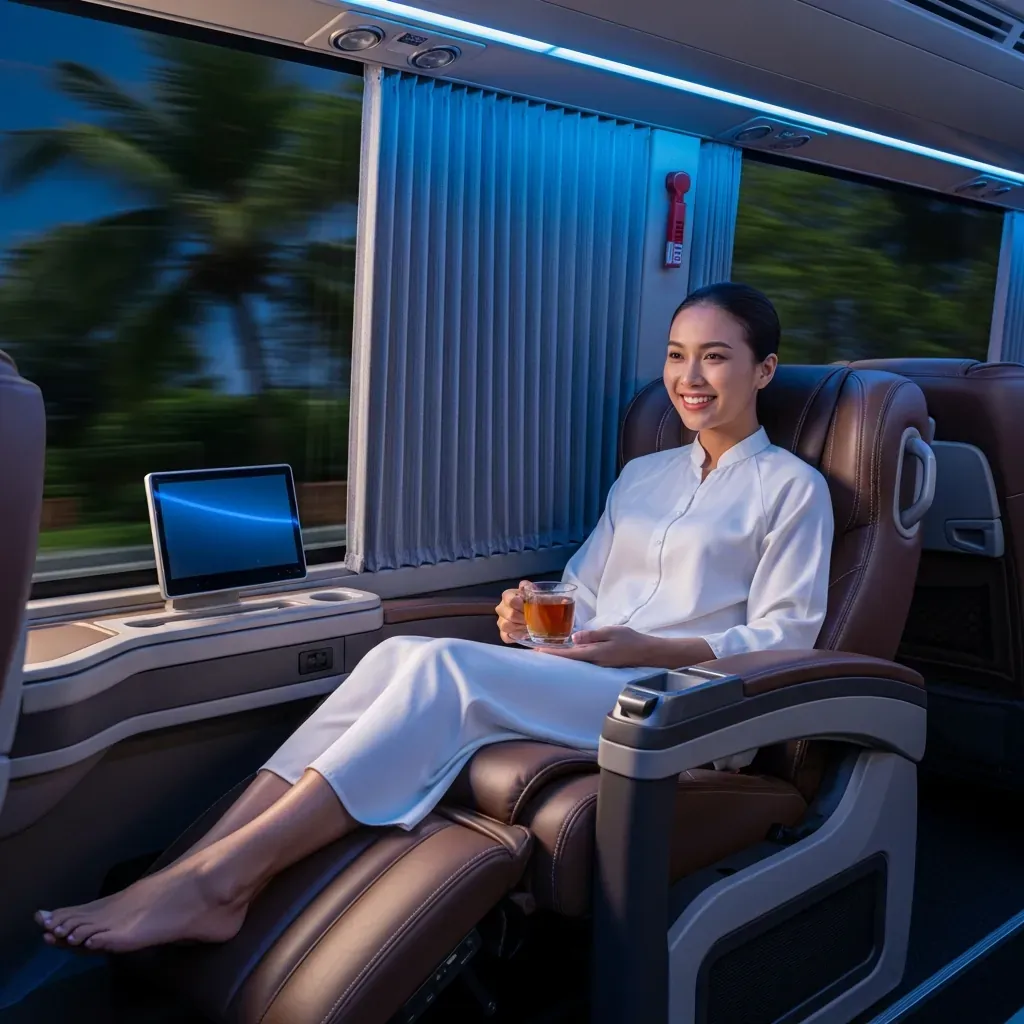 Hành khách nữ trải nghiệm cabin riêng massage trên xe limousine đêm Sài Gòn - Gia Lai.