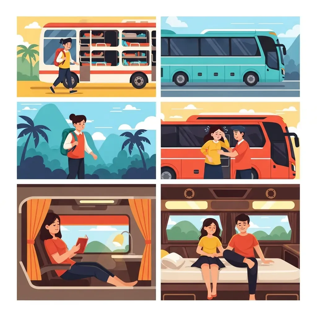 Minh họa bốn nhóm hành khách: sinh viên, người say xe, người cần riêng tư và cặp đôi, mỗi nhóm phù hợp với một loại xe khác nhau.
