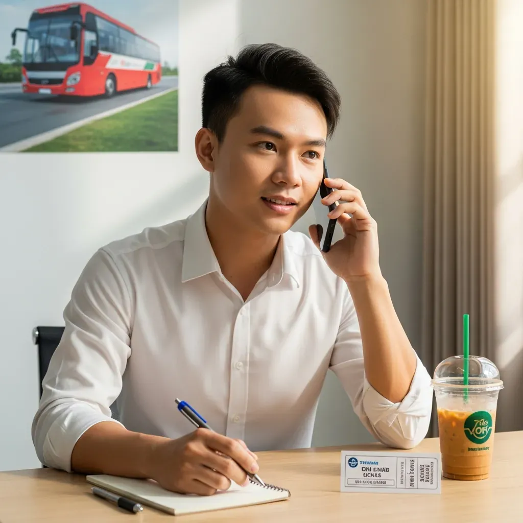 Người đàn ông trẻ đang gọi điện đặt vé xe qua hotline, bên cạnh là vé xe và sổ ghi chú.