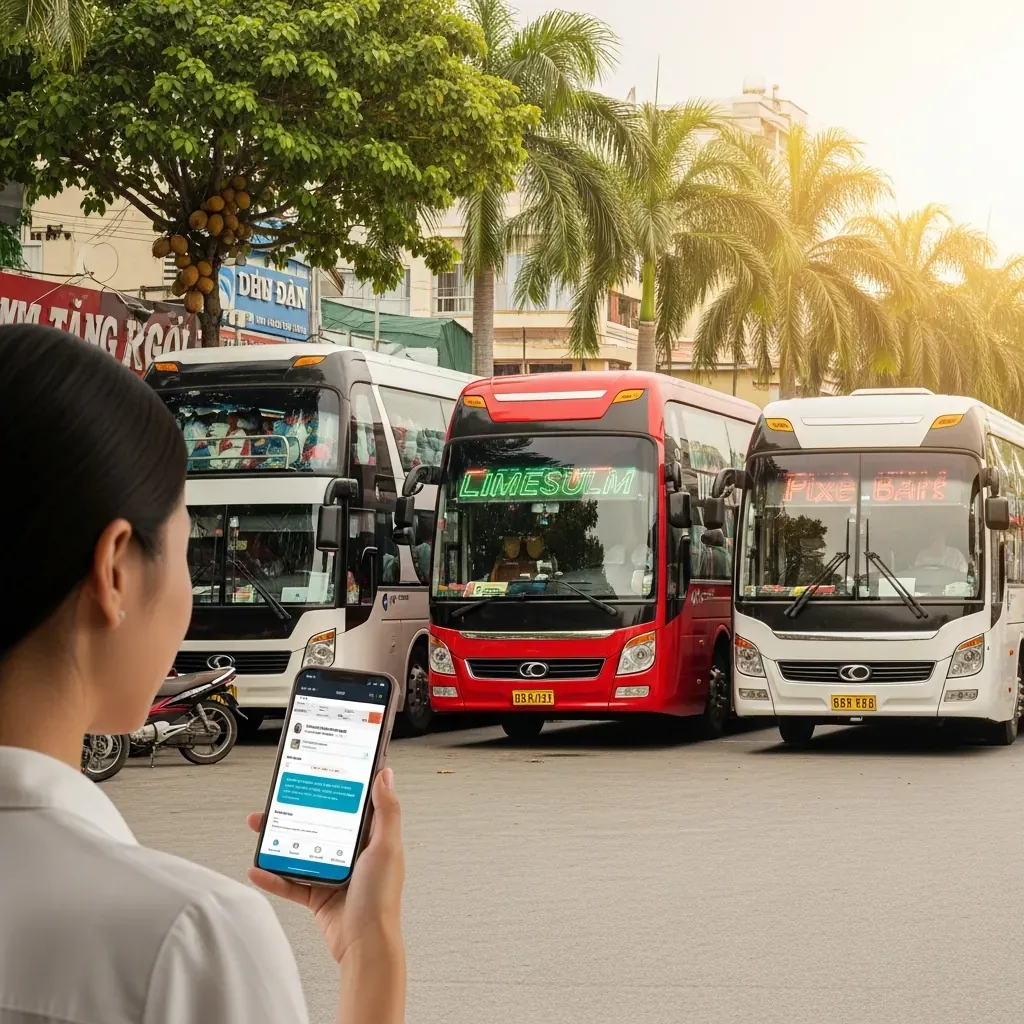 Người phụ nữ trẻ đang cân nhắc lựa chọn giữa ba loại xe khách: giường nằm phổ thông, limousine và cabin riêng tại bến xe Sài Gòn.