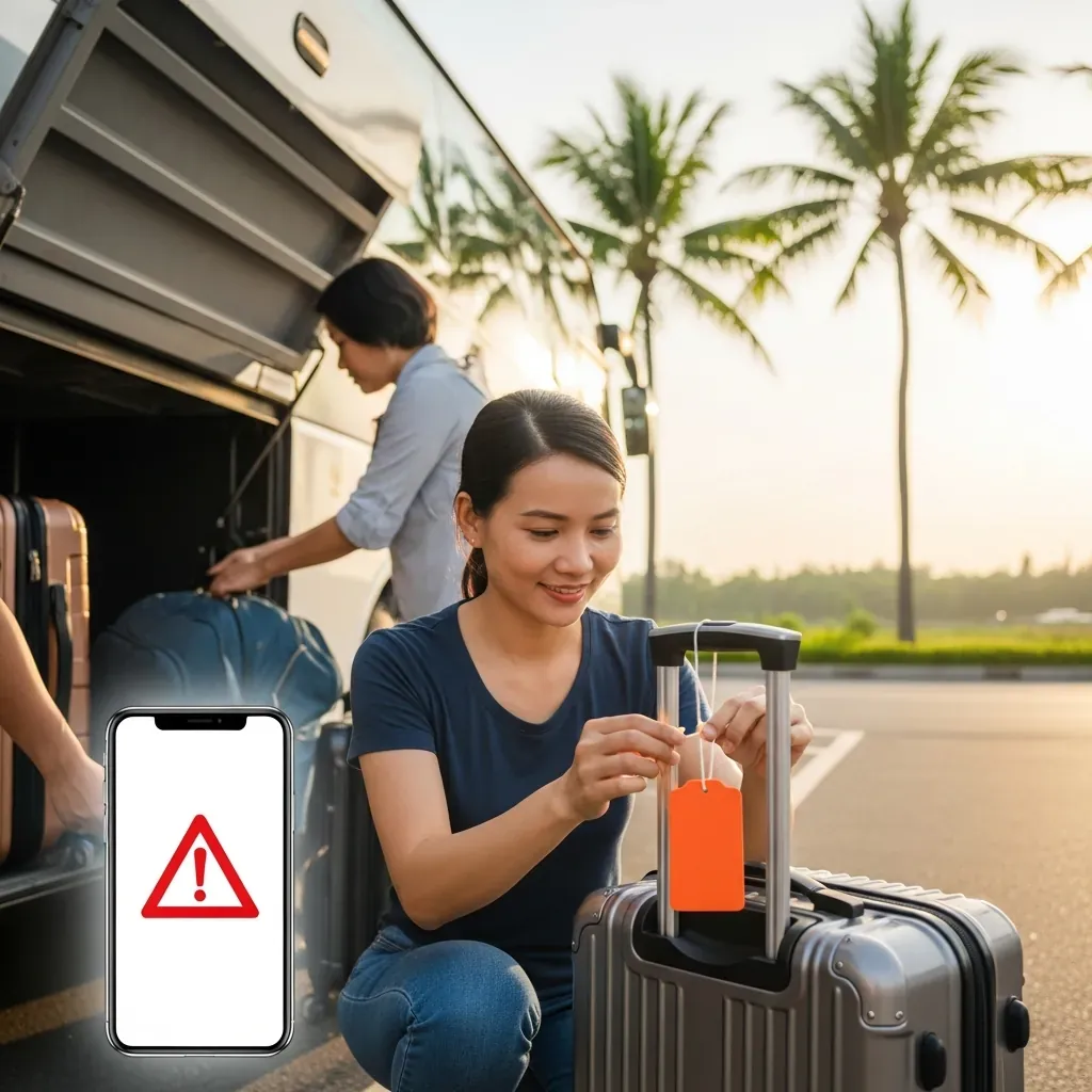Nữ hành khách gắn thẻ tên vào vali tại bến xe để phòng tránh thất lạc hành lý.