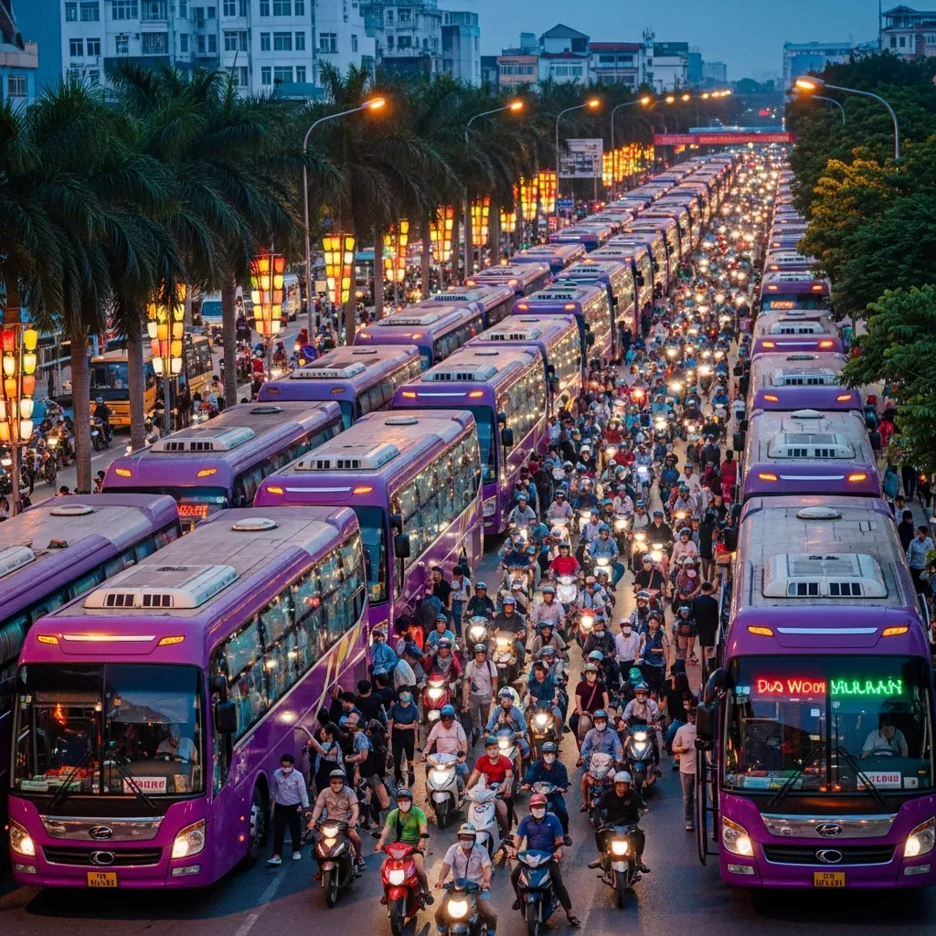 Toàn cảnh bến xe khách Sài Gòn nhộn nhịp với hàng chục chuyến xe giường nằm chuẩn bị khởi hành.