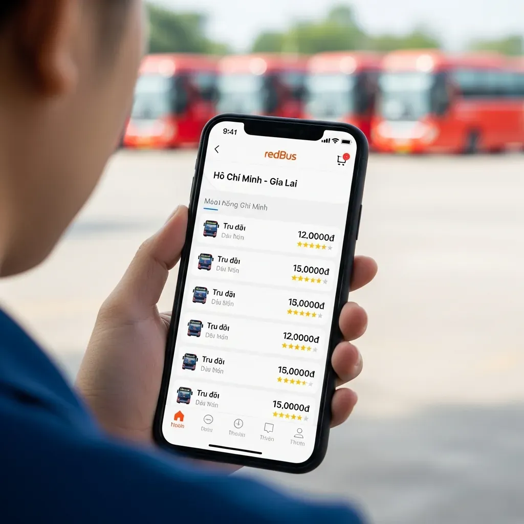 Ứng dụng redBus trên điện thoại hiển thị danh sách chuyến xe Sài Gòn - Gia Lai.