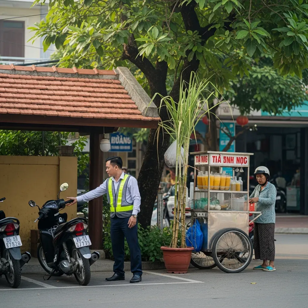 Bãi gửi xe máy và quầy nước mía ven đường gần Bến Bình Đông.