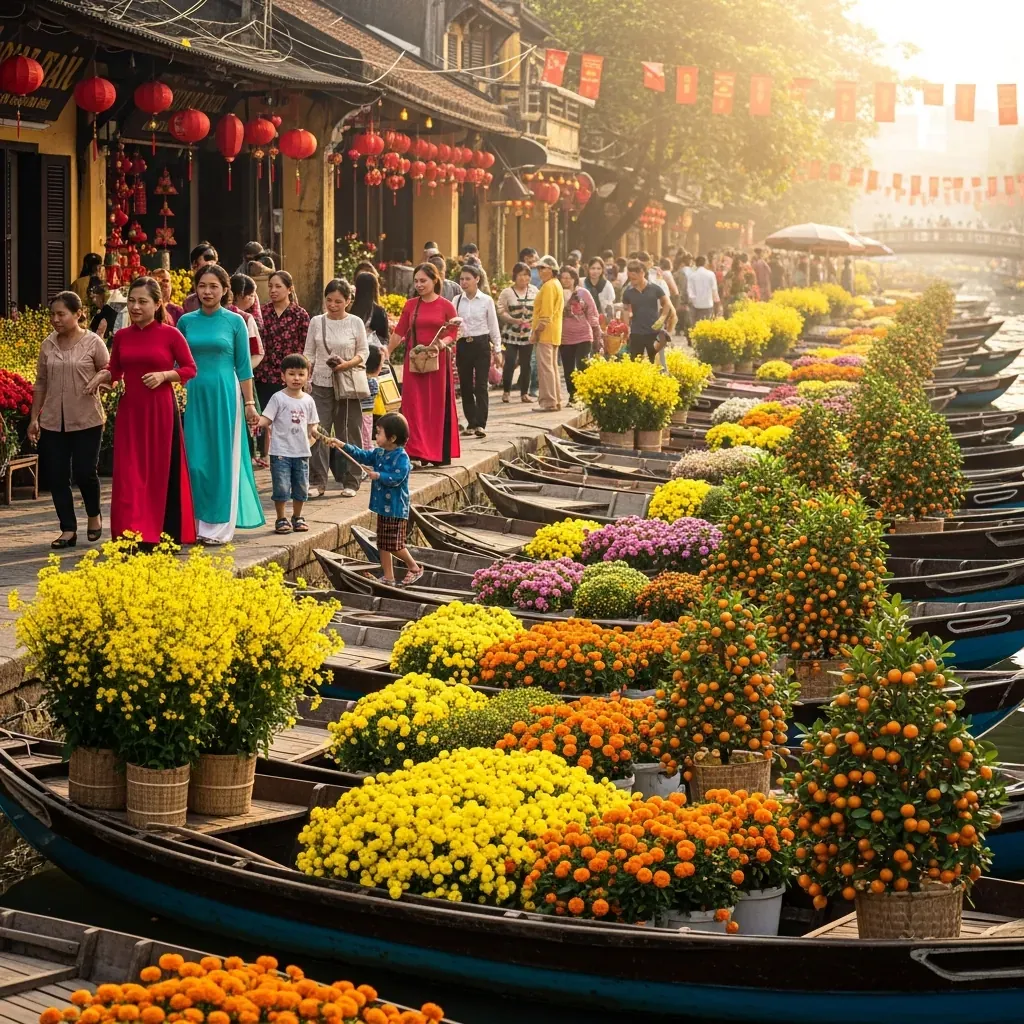 Chợ hoa Tết nhộn nhịp bên kênh Bến Bình Đông với ghe chở đầy mai vàng.