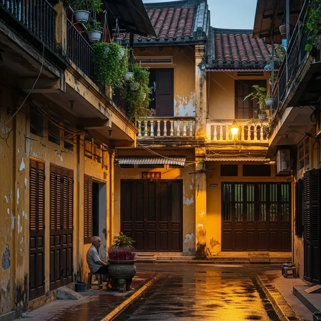 Con hẻm yên tĩnh ở Hào Sĩ Phường với kiến trúc cổ và ánh đèn vàng ấm.
